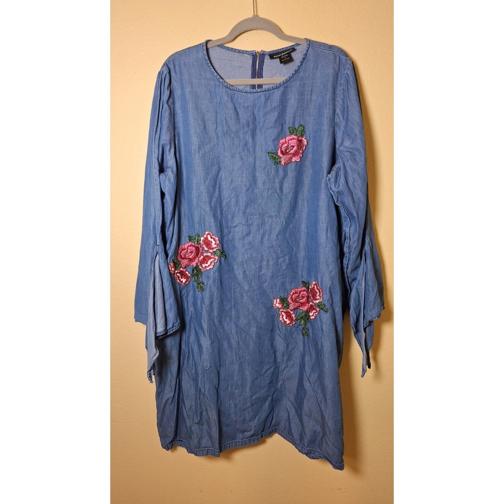 Ashley Stewa Chambray Floral Embroidered Dress Size 16 Office Cottagecore Casual